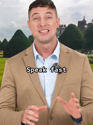 A man in a light brown suit jacket and blue collared shirt speaks to the camera in front of a backdrop of manicured lawns, hedges, and a large building in the background. The text overlay says 'Speak fast'.