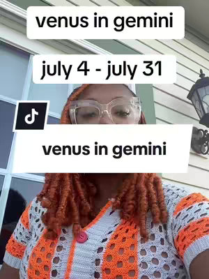 The cover image features a woman wearing large glasses and a crocheted top, against a backdrop of a building. Three white rectangular text boxes overlay the image, displaying "venus in gemini", "july 4 - july 31", and a second "venus in gemini". A TikTok logo is in the corner.