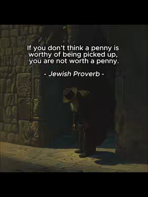 The image shows a man bending over to pick up something from the ground against the backdrop of an aged stone archway. Text overlays the image in a clear, white font, quoting a proverb.