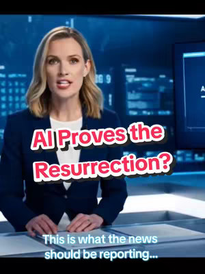 A woman with blonde hair wearing a dark blue blazer stands in front of a blue background that looks like a news studio set. Text overlays on the image say, "AI Proves the Resurrection?" and "This is what the news should be reporting..."