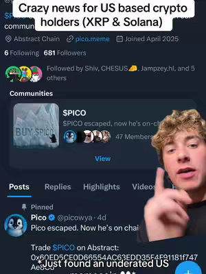 The cover image features a screenshot of a social media profile. In the top portion, there is the overlay text 'Crazy news for US based crypto holders (XRP & Solana)'. Below this there is a profile picture with several members and post with the title $SPICO. In the lower-right corner, the person providing commentary on the content is visible. He is pointing his finger up.