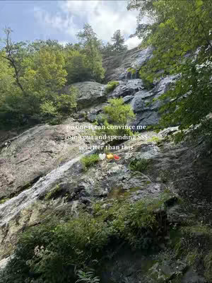 An image of a rocky waterfall with a variety of green plants along the rock face. The water is seen cascading down the rocks. Text is overlaid on the image, stating, "no one is can convince me going out and spending $$$ is better than this."
