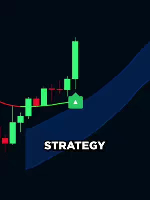 The image shows a dark background with a visual representation of a stock chart. Green and red bars indicate price fluctuations, with a highlighted upward trend marked by a blue curve. A green upward arrow icon with color represents a trade signal. The word 'STRATEGY' is prominently displayed.