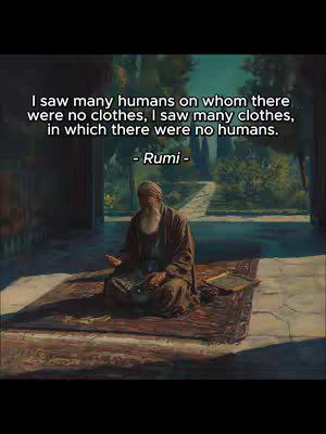 The cover image is an artistic illustration, depicting a seated elderly man with a long white beard and dressed in what appears to be a robe. He sits outdoors on a patterned rug, with a small tray and a book or papers near him. The background suggests an outdoor setting with architectural elements and greenery. In the upper part, there's text overlayed, with a quote attributed to Rumi.