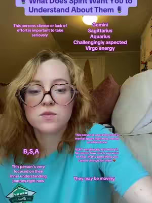 A woman with blonde hair and glasses looks toward the camera, with text overlays in different areas of the frame describing astrology and personality traits. The background consists of pillows and a light fixture.