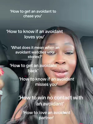 The cover image features a woman with long, dark hair and visible makeup, likely filming in natural light. She's positioned from the mid-chest up, with a neutral background. White text overlays are arranged in a grid, with questions related to avoidant attachment visible.