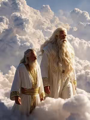The image depicts two figures in a bright sky, seemingly above clouds. They are both men with long white hair and beards, wearing white robes with golden accents, reminiscent of angelic or divine figures. They appear to be standing and looking towards the viewer. The composition is focused on the two figures with the cloudy sky as a backdrop.