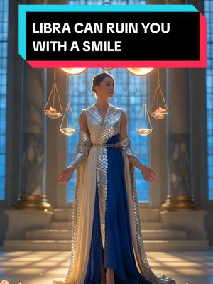 The image features a woman standing in a grand hall with a high ceiling and large windows. She is wearing a long, flowing dress with blue and gold accents, and the background is a soft blue hue. Above her are several scales hanging, and the overall composition is serene and elegant.