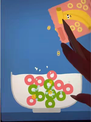 The cover image is a whimsical animation depicting a breakfast scene. A blue background sets the stage for a large white bowl filled with red and green cereal loops in a milk-like liquid. Above the bowl, a cartoon hand holds a pink cereal box with a banana-shaped character, also with a face, pouring some cereal. Animated milk splashes are depicted as well as additional cereal pieces, capturing a sense of playful movement and a bright, cartoon color scheme.