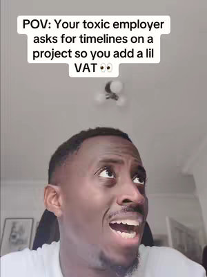 A close-up shot of a Black man looking up and to the right with a shocked expression. Overlay text indicates the creator is referencing a scenario of being asked for timelines by their employer, and the creator responds by adding extra time.