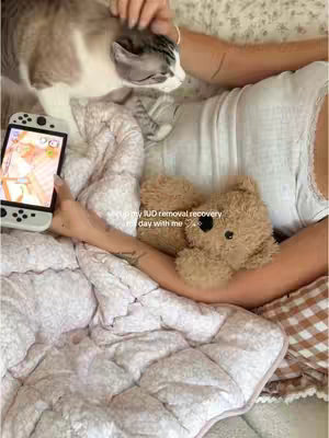 The cover image shows a person lying in bed, with a large floral patterned quilt as the base. The person is wearing a white tank top with a cat laying next to them. The person is holding a Nintendo console with an illustration on the screen and another hand holding a teddy bear along with text overlayed on the image.