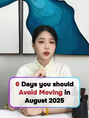 A woman with dark hair wearing a white top is positioned in front of a soft, abstract blue and white background. A colorful banner overlaid on the image contains the text: "6 Days you should Avoid Moving in August 2025".