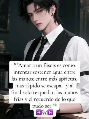 The cover image features a digitally rendered portrait of a young man with dark hair, wearing a white collared shirt, a black vest, and a black tie. He has a slightly introspective gaze. Overlaid on the image is a white text box containing a quote in Spanish about loving a Pisces sign. Below the text box, there are the Pisces zodiac symbols.