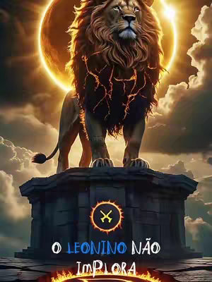 A majestic lion stands on a stone pedestal, its gaze directed upwards. Behind the lion, a bright, golden sun-like halo radiates, casting a warm glow across the cloudy sky. Below, text on a dark background reads 'O Leonino Não Implora'.
