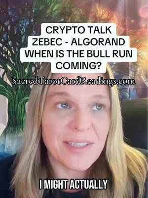 A woman with blonde hair and fair skin looks directly at the camera. Text overlays in white boxes state "CRYPTO TALK," and other crypto-related text. The woman smiles slightly with a background that is intentionally blurry with blended colors.