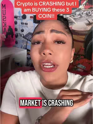 The cover image features a close-up of a young woman with dark hair styled up, looking directly at the camera and speaking. Above her head, a red box displays the text 'Crypto is CRASHING but I am BUYING these 3 COIN!!' Another red box with white text 'MARKET IS CRASHING' is placed at the bottom. The background is blurred, suggesting an indoor environment. The woman wears a white t-shirt and a silver bracelet.