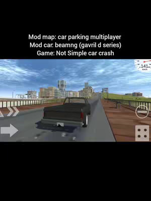 The image shows a first-person perspective from inside a game featuring a vehicle, driving down a road with a cityscape visible in the background. The scene uses a low-poly graphic style with a blue sky. Overlaid text includes information on mods.