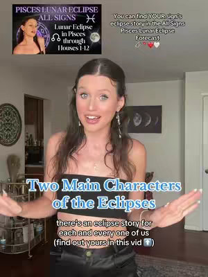 The cover image features a young woman with long brown hair smiling and gesturing with both hands. Text overlays at the bottom and within a smaller inset image. The main text says "Two Main Characters of the Eclipses". The overall colors are bright and warm, with a focus on the creator.