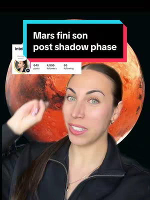 A woman with light skin and long brown hair is in the foreground. She wears a black jacket and a necklace. Her face fills the frame, with her eyes focused at the camera. Behind her is a blurred image of a red planet, and a text overlay with a black background, with white text. An instagram profile is visible as well.