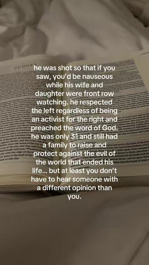 The cover image shows an open book with text overlaid. The text, in a white sans-serif font, is positioned over the book's pages and describes a narrative about a person being shot, their wife and daughter, activism, and differing opinions. The page's text is visible on the background.