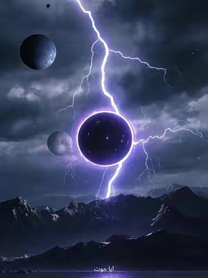 An artistic, fantasy-themed digital illustration of space and a storm with three planets and lightning strikes. The composition is dark with a moody palette of deep blues, purples, and blacks, creating a sense of mystery and cosmic power. The planets are rendered with detail, and the lightning provides a striking visual element and adds to the dramatic scene. The lower portion of the image suggests a mountain range or landscape, adding depth.