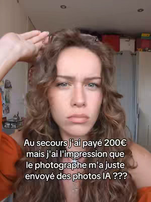 A young woman with curly brown hair looks directly at the camera with a slightly concerned expression, her hand touches her forehead. The background is a blurred indoor setting, and text is overlaid on the image.