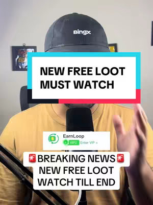 A man wearing a black cap with "Bingx" written on it, a yellow t-shirt, and a microphone in front of him. The background is a light-colored wall with framed pictures. There are text overlays with different background colors.