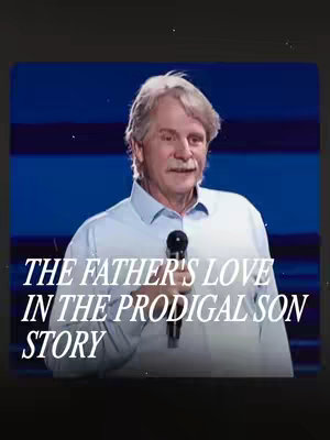 The cover image features a middle-aged man with a white shirt and a microphone in his hand. Text overlayed at the bottom reads "THE FATHER'S LOVE IN THE PRODIGAL SON STORY". The background is a gradient of blue.