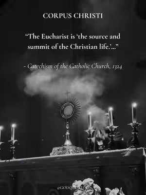 A grayscale image captures a candlelit altar scene. Above the altar, a monstrance with a host is the focal point, surrounded by illuminated candles. Wisps of smoke or fog drift upwards, creating a sense of solemnity. Text is overlaid at the top of the image, and at the bottom, revealing the branding or creator's handle.