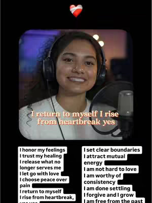 The cover image features a woman with headphones smiling at the camera. Above her head is a heart icon. The text overlayed on the image is in a whimsical font. Below her face, two columns of affirmations are displayed in a box format, the background has a soft, studio-like vibe.
