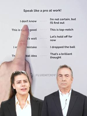 The cover image presents a lesson on professional English vocabulary, featuring two people and a visual aid. A woman is positioned on the left side, facing the camera and speaking, while on the right, a man stands, also facing the viewer. Between them, a whiteboard displays a list of common phrases and their professional alternatives. The woman is pointing at the list. The background is plain. The image has a clean, direct layout, designed for educational purposes.