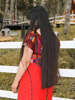 A person with long, dark hair is shown from the back and side, wearing a colorful top and red skirt. The background has trees and a white fence.