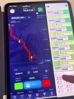 The cover image shows a tablet displaying two applications. On the left, a trading platform interface shows a candlestick chart of EUR/USD with an active trade. The right side displays a chat interface with real-time signals for trading. The background is dark with the trading platform providing data and the chat displaying active signals.