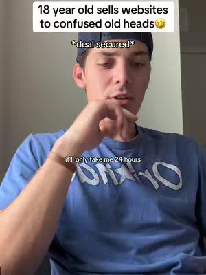 A young man with a blue t-shirt and black cap is looking at the camera. Text is added as an overlay on the top which states "18 year old sells websites to confused old heads" and at the bottom which states "it'll only take me 24 hours". The man's hand is near his face.
