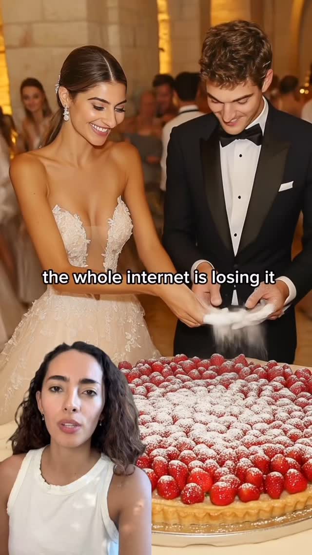 The cover image shows a wedding scene, with the bride and groom interacting next to a large strawberry tart. The bride is in a white dress and the groom is in a black suit. A female creator is also present in the shot, providing commentary.