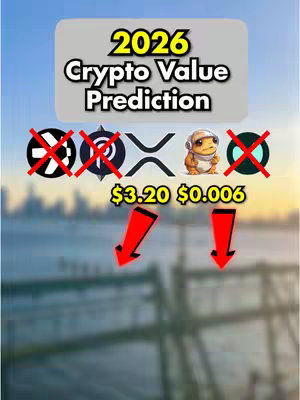The cover image features a digitally created scene with a blurred background of a cityscape and a light blue sky above. Overlayed on this are graphic elements related to cryptocurrency. The primary text overlay is a white rectangle labeled '2026 Crypto Value Prediction' in a bold, sans-serif font. Below, several cryptocurrency logos are present: XRP, three additional coin logos, and a cartoon character are displayed. Red 'X' marks cross out several of the logos, with corresponding price predictions and downward-pointing red arrows indicating a decrease in value for the crypto assets displayed.