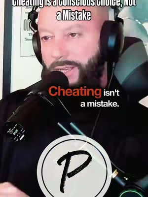The image is a medium shot featuring a man centered in the frame. He is bald with a trimmed beard and is wearing headphones and a dark jacket with a dark shirt. He has a serious expression and is looking forward. The background is blurred, but hints at a home setting. Text overlays state 'Cheating is a Conscious Choice, Not a Mistake' and 'Cheating isn't a mistake.' The overlay appears to be an edited screenshot with a podast's logo in a circle. The overall composition is designed to draw attention to the spoken message.