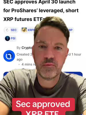 A man in a gray shirt with dark hair looks directly at the camera. Text overlays the image indicating an SEC approval for an XRP ETF.