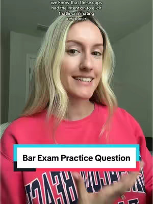 A woman with long blonde hair wearing a pink sweatshirt looks at the camera and smiles. A text box at the bottom of the frame reads 'Bar Exam Practice Question' in white text on a blue and red background.