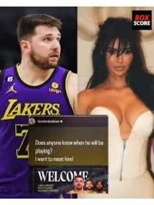 The image is a split screen showing Luka Doncic in a Lakers jersey on the left, and Kim Kardashian on the right. A screenshot of a Kim Kardashian’s social media post is in the center, below the two figures.