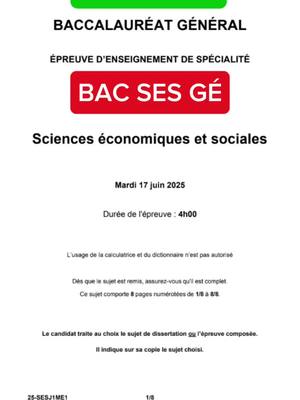 A document containing the text 'BACCALAURÉAT GÉNÉRAL', 'BAC SES GE', and other details pertaining to an exam. The color scheme is comprised of green, white and red.