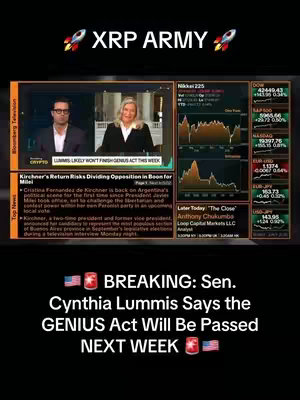 The cover image is a split screen showing a news broadcast on the left side with two people in focus. On the right side is a stock market or financial data display with moving charts. Below, a text overlay is displayed against a black background with the American flag. The text indicates the news about Cynthia Lummis and the GENIUS act. Above the screens, there are two rocket ship icons with text 'XRP ARMY'.