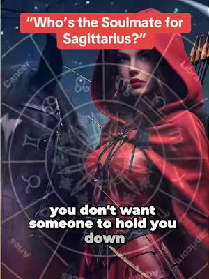 The image features a woman in a red hooded cloak, possibly Little Red Riding Hood, set against a celestial backdrop with zodiac symbols. Text overlays in a pink rectangle ask, "Who's the Soulmate for Sagittarius?" and another at the bottom reads, "you don't want someone to hold you down."