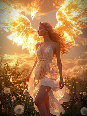A digital artwork depicts a woman in a flowing white dress standing in a field of flowers. Behind her, a magnificent phoenix, rendered in bright orange and yellow flames, spreads its wings. The background is a warm, golden sunset with fluffy clouds.