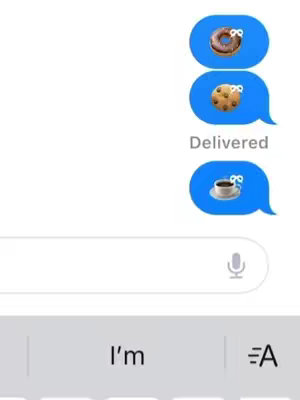The image shows a phone's messaging interface with blue speech bubbles containing food emojis, a text bubble indicating "Delivered," and a keyboard at the bottom. The interface is on a white background.