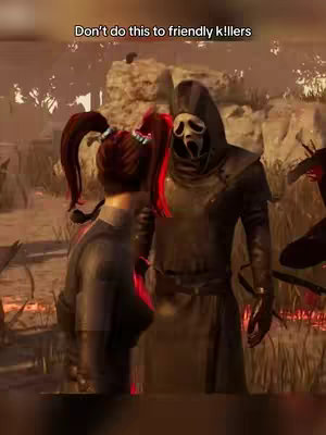 The cover image is a screenshot from the video game Dead by Daylight. It features two characters, one being the character Ghostface, a killer, and another player character with red pigtails. Text overlay at the top. The scene is set in a dimly lit, outdoor environment with trees and foliage.