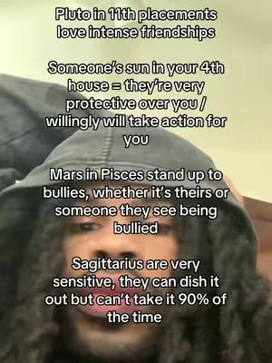 The cover image shows a person wearing a black hoodie from the chest up. Text is overlaid describing astrology points.