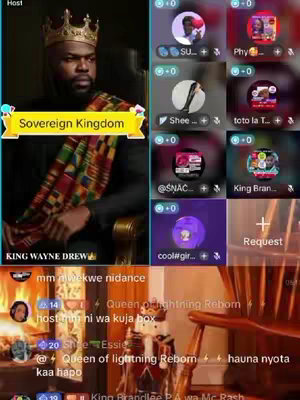 The cover image is a screenshot of a live streaming interface, likely from a social media platform like TikTok or Instagram. On the left side, a man wearing a gold crown and regal attire is featured, suggesting a host or important figure. In the center is a banner labeled 'Sovereign Kingdom' and a text that reads 'KING WAYNE DREW'. The right side is a pane of various profile icons of users in the screen. Other components include a fireplace and some furniture that appear in the background. The overall layout suggests a live event with multiple participants and a main presenter.