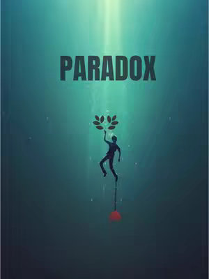 An artistic image of a man in silhouette suspended mid-air in a dark teal underwater setting, holding a cluster of leaves. The word "PARADOX" is centered at the top. A soft, ethereal light from above streams down, illuminating the scene. A red sphere is reflected at the bottom.
