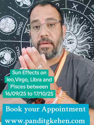 A middle-aged man with a short beard, glasses, and a red mark on his forehead is positioned in front of a complex background featuring astrological symbols and a sun design. He is wearing a gray shirt and his hands are clasped near his chest. A text overlay in green and blue at the bottom of the image informs viewers about the effects of the sun on specific zodiac signs and how to book an appointment.